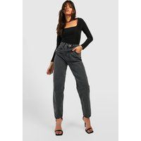 Womens Asymmetric Belted High Waisted Mom Jeans - Black - 8, Black | Boohoo.com (UK & IE)