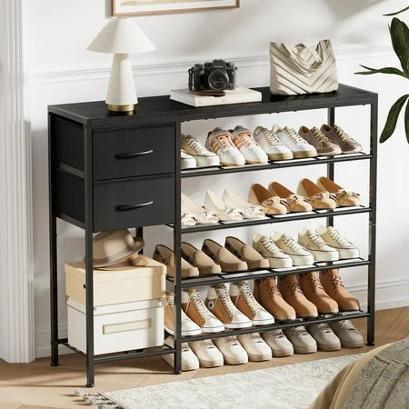 BGTREND 5-Tier Shoe Rack with Wooden Top and 2 Fabric Drawers, 16-21Pairs Shoe Storage Organizer with Boots Storage, Wide Shoe Stand for Entryway Hallway Closet (37.4''L, Black) | Walmart (US)