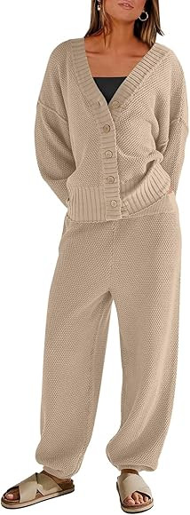 ANRABESS Women 2 Piece Outfits Long Sleeve Cardigan Sweater Sets Casual Lounge Matching Clothes Set | Amazon (US)