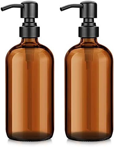 AmazerBath Amber Glass Soap Dispenser, 2 Pack Thick Amber Pint Jar Bottle with Black Pump Stainle... | Amazon (US)
