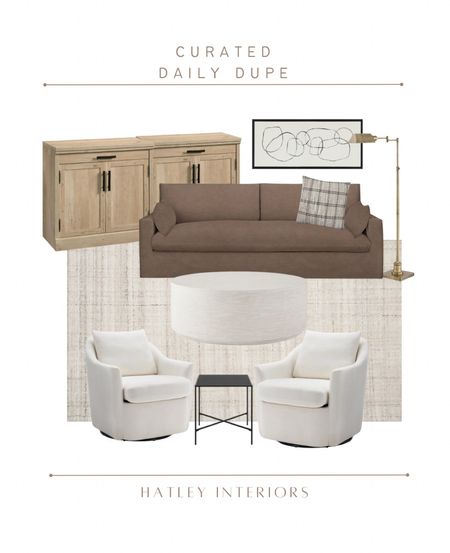 how i’d style today’s daily dupe! 

designer dupe, look for less, west elm dallas swivel chair dupe, lulu & georgia sofa dupe, brass task floor lamp, white accent chair, swivel chair, oak media console, oak tv stand, oak cabinet, neutral coffee table, home decor, living room mood board, living room design, living room inspo 

#LTKhome #LTKsalealert #LTKfindsunder100