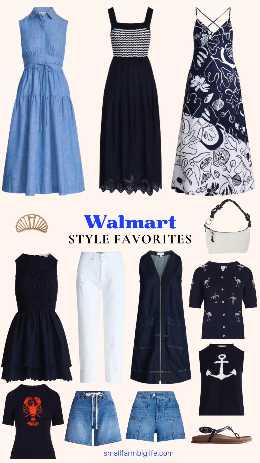 Walmart Deals is live and these pieces are all on sale right now. I rounded up some of my favorite style picks and the navy and white theme running through this collection is so pretty for summer. The lobster and flamingo print sweaters are so fun and the anchor print is such a classic nautical look. The tie back cotton maxi dress and the smocked sleeveless mini are two of my favorite easy summer dresses in this round up, and the chambray maxi shirtdress with belt is such a polished and versatile piece. The straight cropped jeans and denim shorts are great casual basics and the navy and white rope sandals and canvas shoulder bag are the perfect finishing touches for a pulled together summer look. Tap to shop while the sale is on! 

 #LTKootd #LTKOver40 #LTKSaleAlert