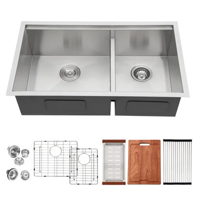 16 Gauge 304 Stainless Steel 60/40 Low Divide Double Bowl Workstation Undermount Kitchen Sink | Wayfair North America