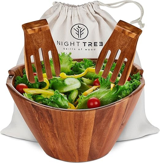 Wooden salad bowl set with serving forks mixing - magnetic utensils attached to large acacia wood... | Amazon (US)