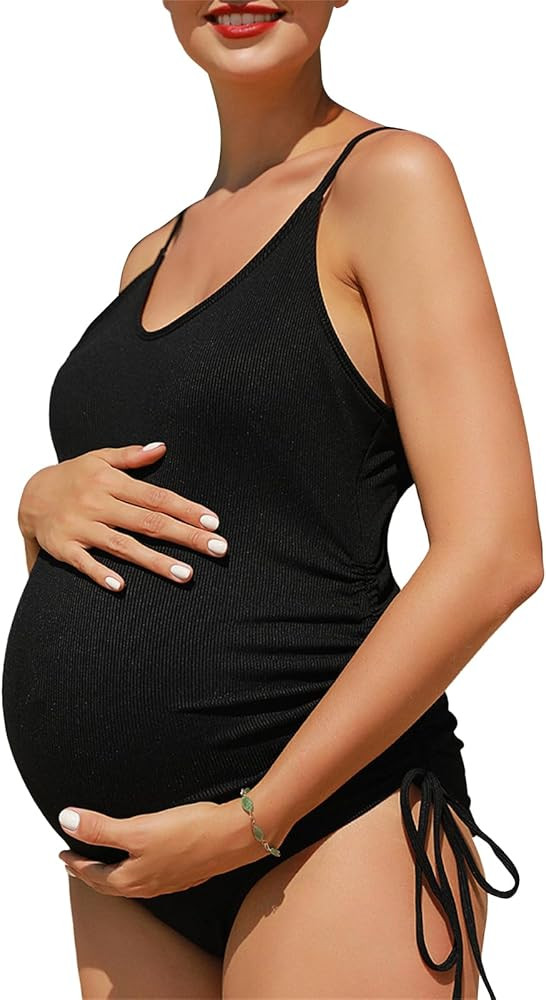 Summer Mae Maternity Swimsuit One Piece Ribbed Side Tie Bathing Suit Monokini | Amazon (US)