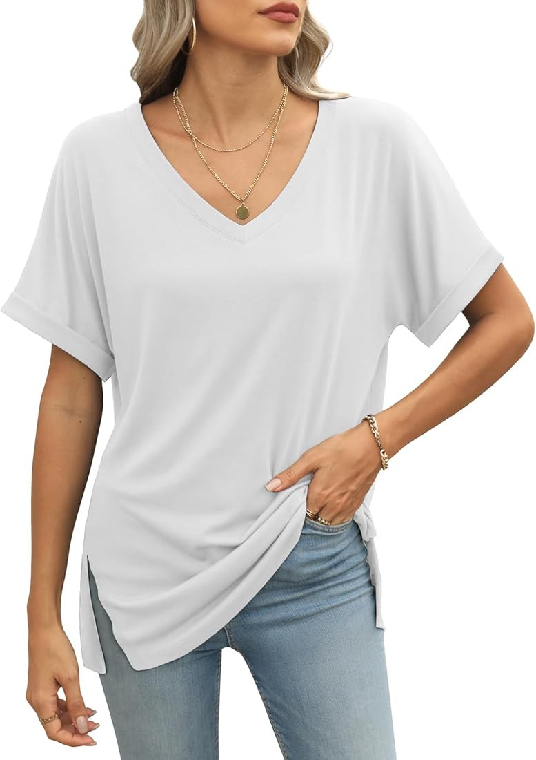 ATHMILE Women's V Neck T Shirts Casual Rolled Short Sleeve Side Split Summer Tops Loose Fit | Amazon (US)