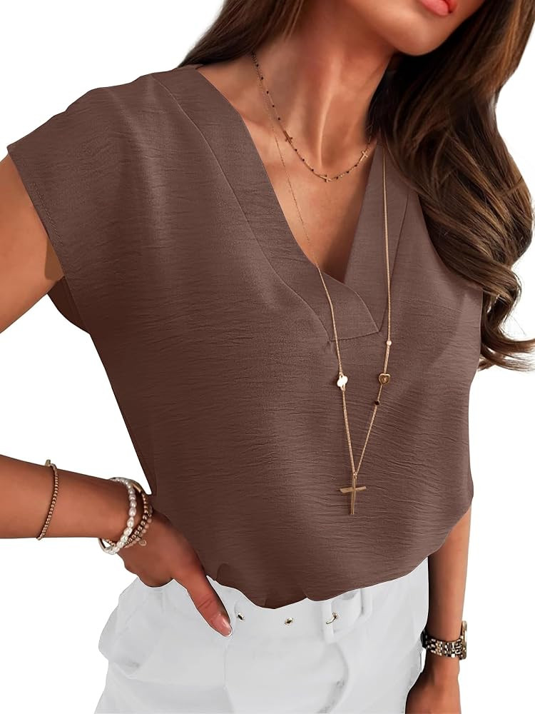 ANRABESS Women Tops Cap Sleeve Dressy Casual V Neck Shirts 2026 Summer Business Work Blouses Outf... | Amazon (US)
