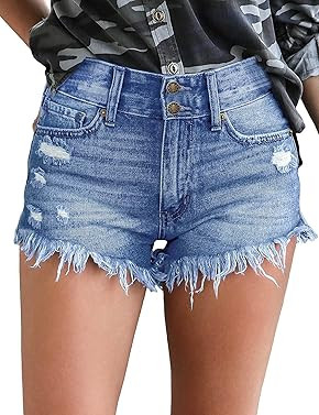 luvamia Women Casual High Waisted Denim Shorts Frayed Raw Hem Ripped Jeans Shorts | Amazon (US)