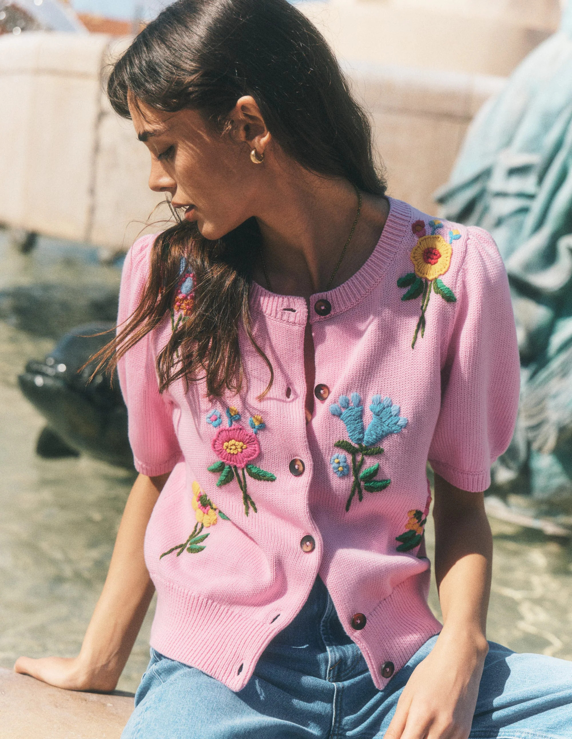 Puff Sleeve Cotton Cardigan-Blossom Pink, Embroidered | Boden (US)