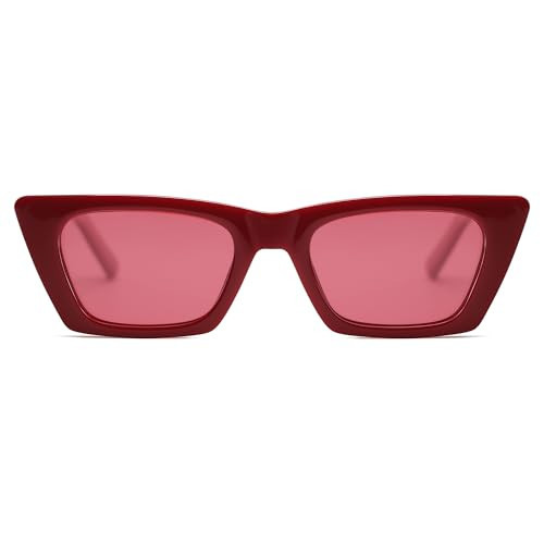 SOJOS Trendy Rectangle Polarized Sunglasses for Women Men Retro Narrow Cateye Sunnies SJ2354, Red/Red Tint | Amazon (US)