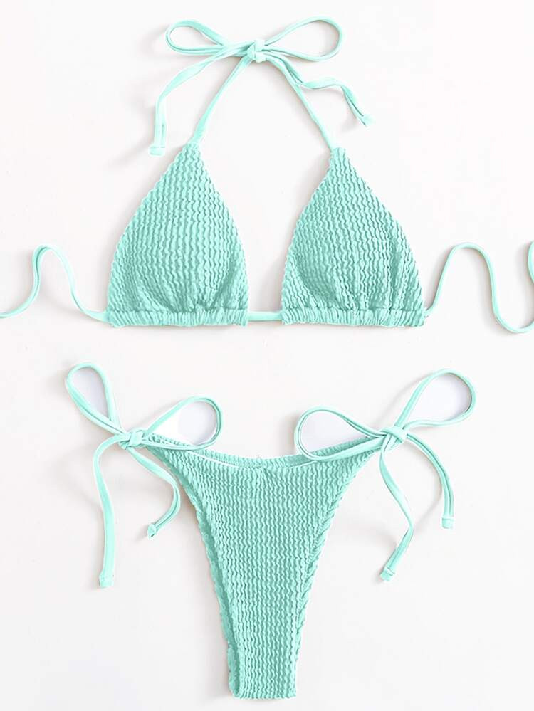 Textured Halter Thong Bikini Swimsuit | SHEIN