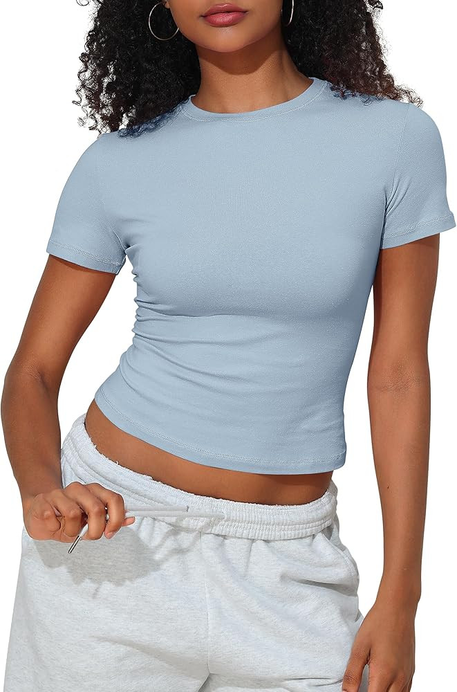 PrettyGuide Women's Crew Neck Short Sleeve Summer Basic Tee Tight Fit Cotton Jersey T Shirt Y2K G... | Amazon (US)