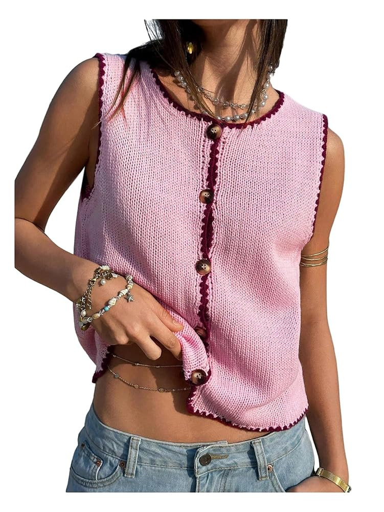 GORGLITTER Women's Button Up Cropped Sweater Vest Vintage Sleeveless Colorful Knit Cardigan Tops | Amazon (US)