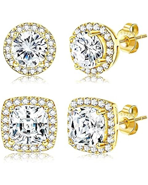 PAVOI 14K Gold Plated Sterling Silver Post Brilliant Round Faux Diamond Halo Earrings - Premium C... | Amazon (US)