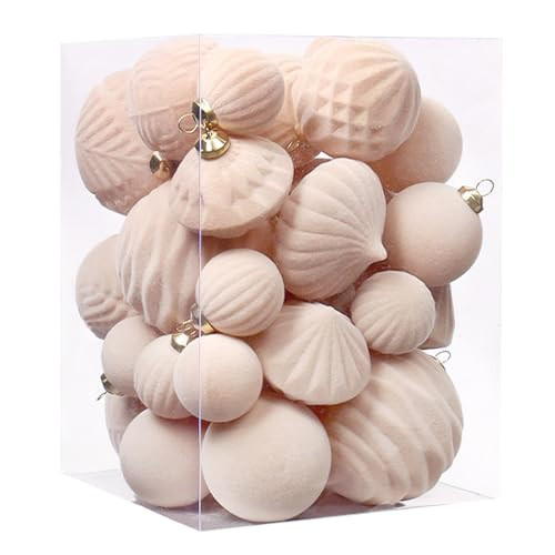 Velvet Christmas Ball Ornaments, 35 Pcs Flocked Christmas Tree Decorations Set Shatterproof Bulk Christmas Balls Ornaments, Xmas Tree Ornaments Christmas Hanging Ornament, 5 Sizes (Beige) | Amazon (US)