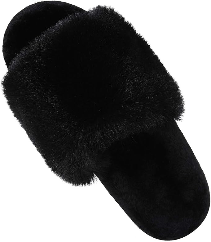 Women Fuzzy Fluffy Slippers Open Toe Light Cozy Slip on House Slippers Indoor Outdoor Slippers | Amazon (US)