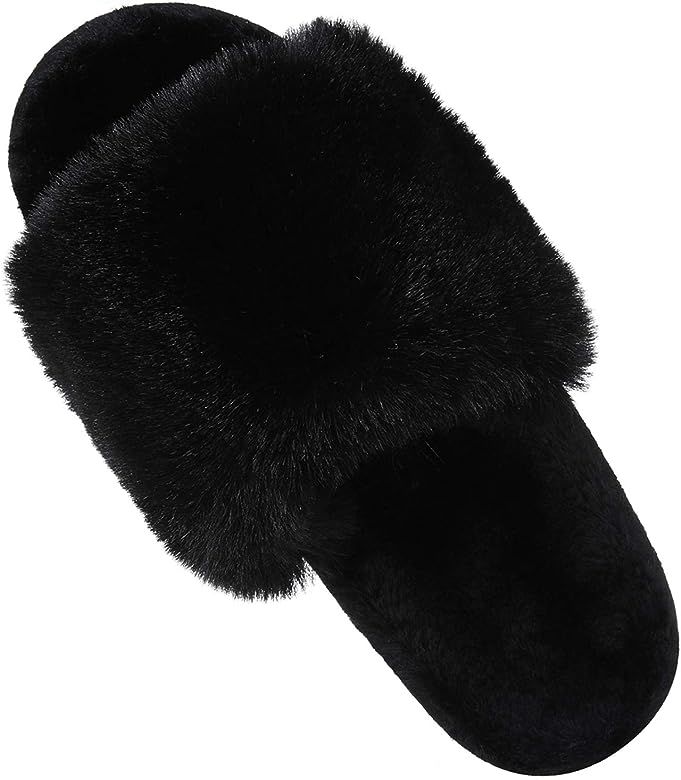 Women Fuzzy Fluffy Slippers Open Toe Light Cozy Slip on House Slippers Indoor Outdoor Slippers | Amazon (US)