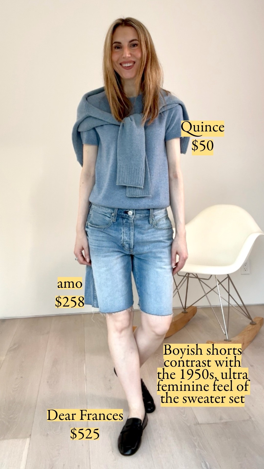 Boyish shorts contrast with the 1950s, ultra feminine feel of a sweater set. The soft loafers are a bridge: supple like ballet flats with the details of classic loafers. These are the Dear Frances gifted loafers that passed my harshest inspection: bound topline, leather lining, a curved sole. I'm including my cap-toe flats I went back and bought with my own money. The flats are a more updated shape than Chanel's own two-tone: high vamp, soft unstructured leather, light bone with a black cap toe.

#LTKootd #LTKSeasonal
