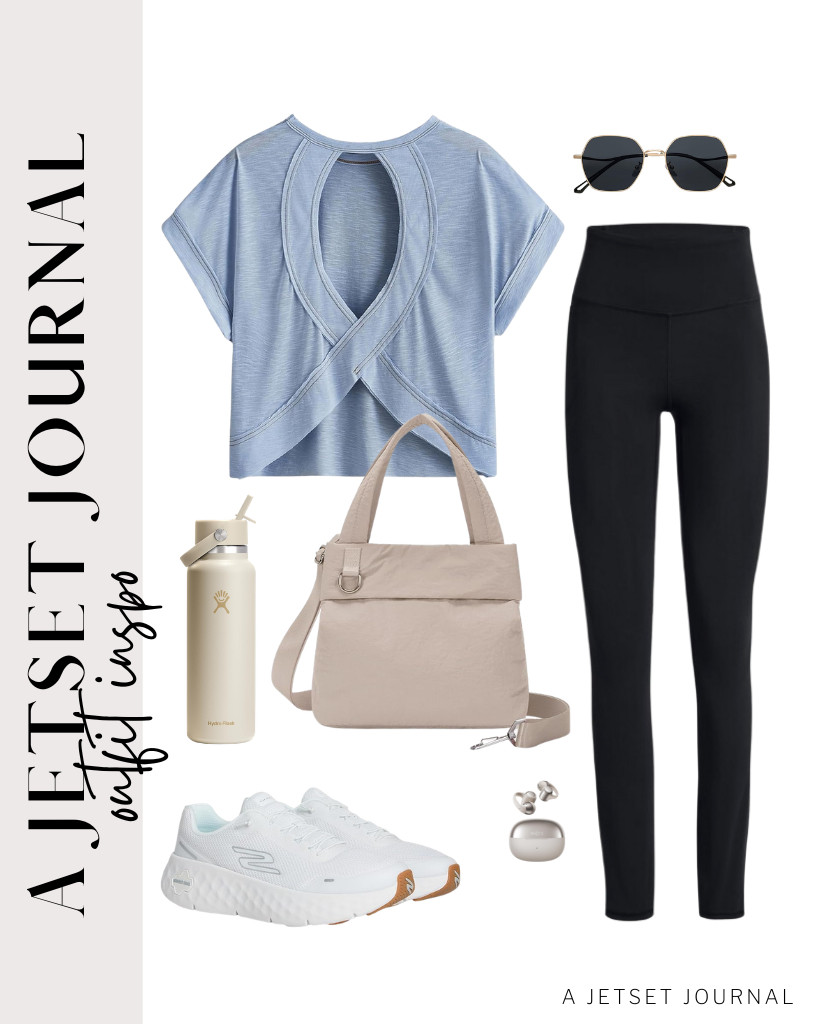 I'm excited to wear this light blue crisscross back top with black leggings. It's a comfortable outfit for hot days. Skechers Go Walk shoes are perfect for this look, as well as this WANDF tote bag. 

 #LTKSeasonal #LTKTravel