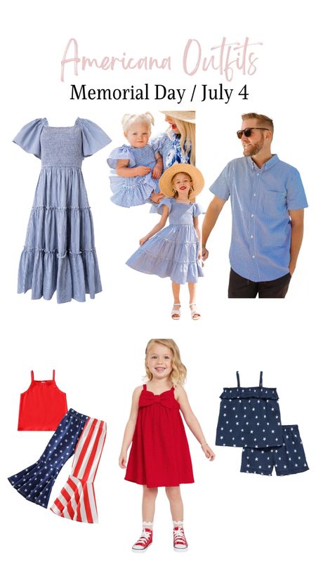 Americana Outfits - Memorial Day / July 4 
Summer outfits, family outfits, mens shirt, toddler girl bell-bottom pants, dress set, Indie dress in blue gingham, ruffle top and shorts set

#LTKFamily #LTKStyleTip #LTKFestival