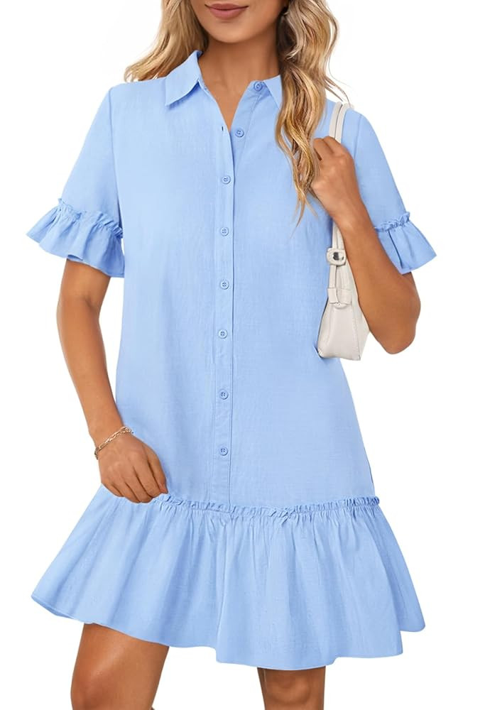 MEROKEETY Women's Summer Button Down Shirt Dress Casual Ruffle Sleeve Shift Mini Dresses with Poc... | Amazon (US)