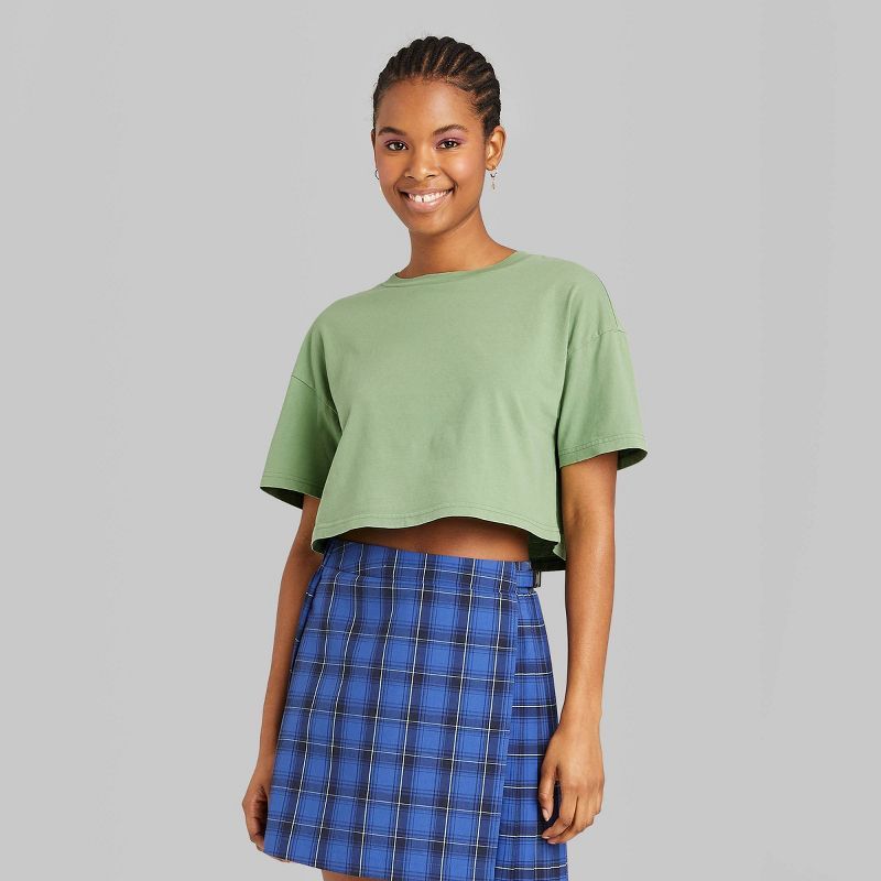 Women&#39;s Short Sleeve Botanical Dyed Boxy Cropped T-Shirt - Wild Fable&#8482; Green XS | Target