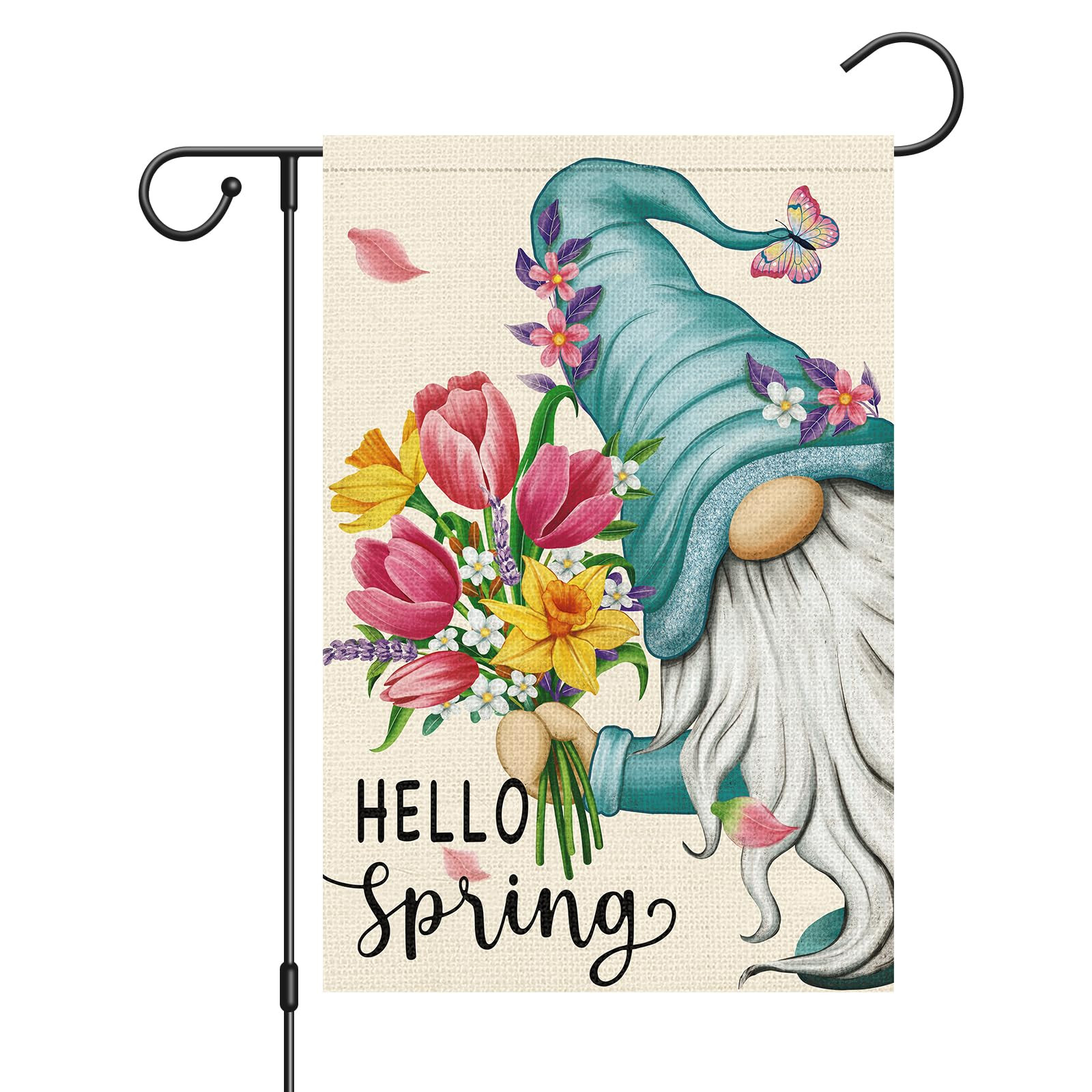 Hello Spring Gnome Garden Flag 12x18 Double Sided Burlap Butterfly Floral Garden Yard Banner for ... | Amazon (US)