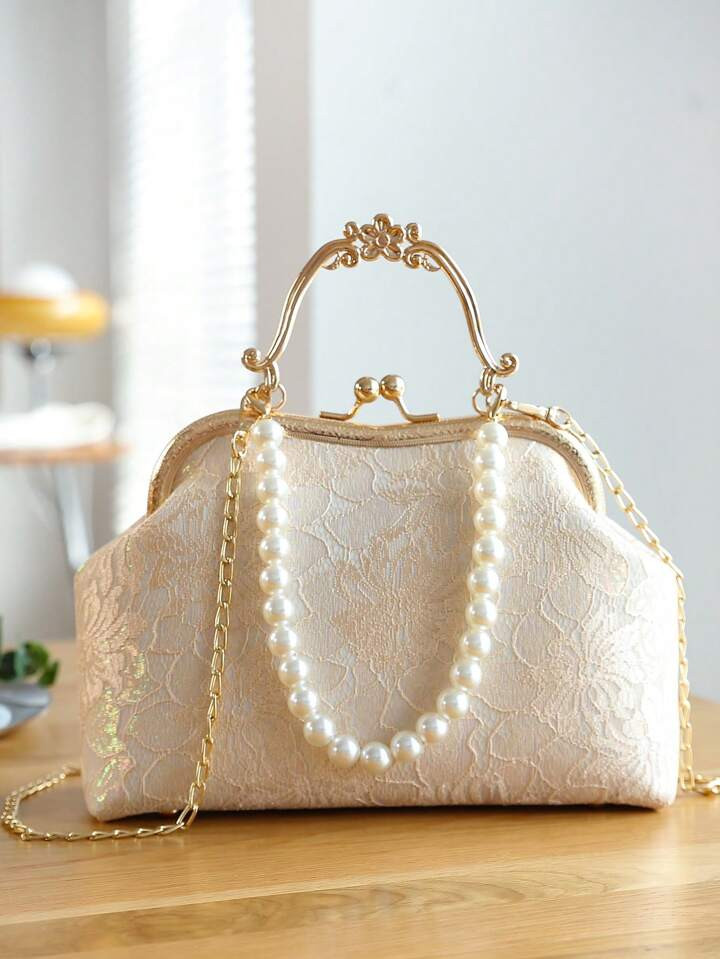 Simple & Fashionable Style Pearl Decor Hand Bag, Shoulder Bag, Crossbody Bag, Lace Material, Chin... | SHEIN