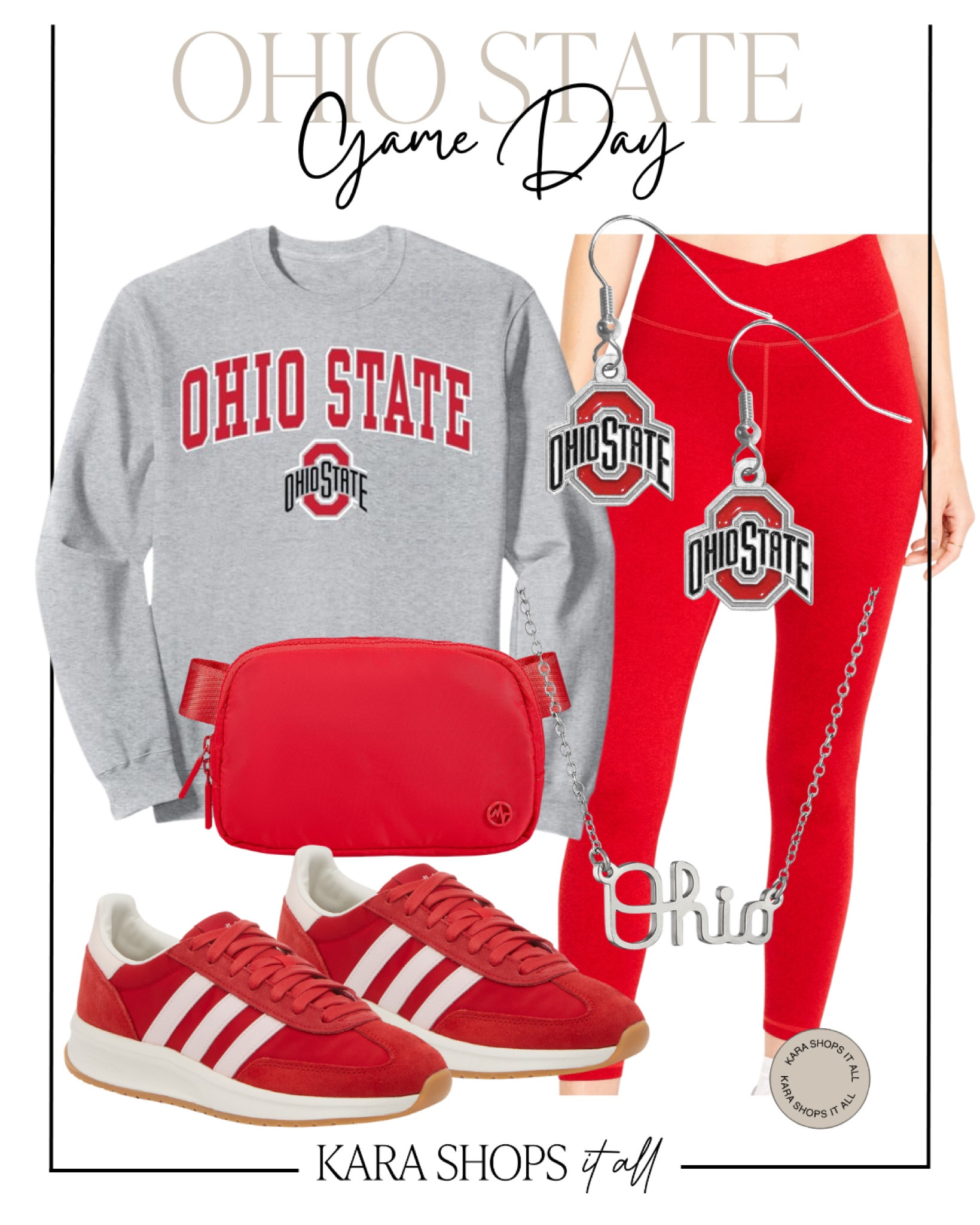 Ohio State Buckeyes game day look! Red leggings, crewneck, belt belt bag, red sneakers, silver necklace, earrings! #Amazon

#LTKStyleTip #LTKSaleAlert #LTKFallSale