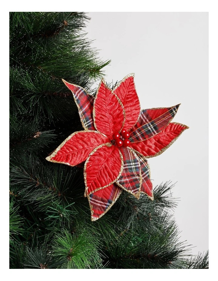 Heirloom Christmas Fabric Tartan Poinsietta Pick 50 cm in Red | Myer