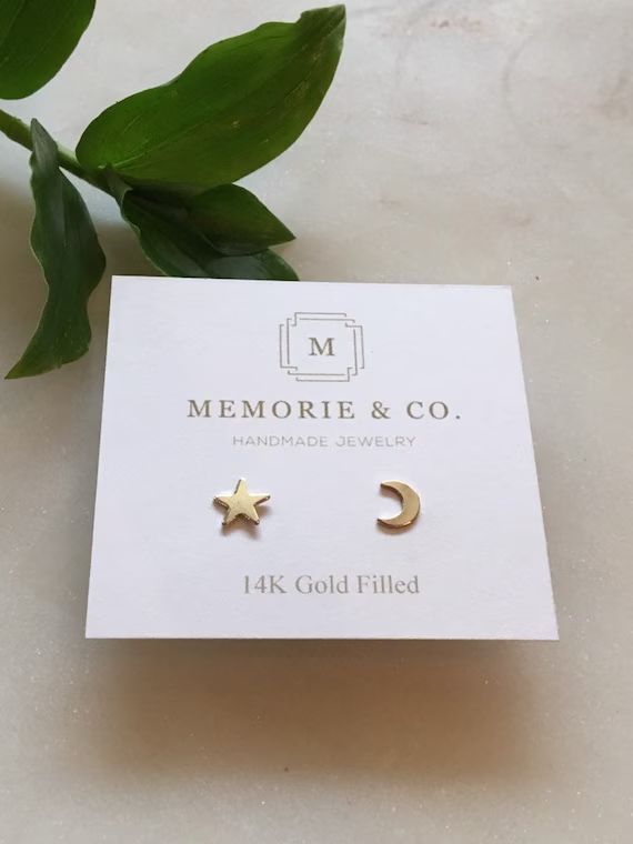 14k Gold Filled Star and Moon Stud Earrings | Minimalist Earrings | Dainty Earrings | Dainty Gold... | Etsy (US)