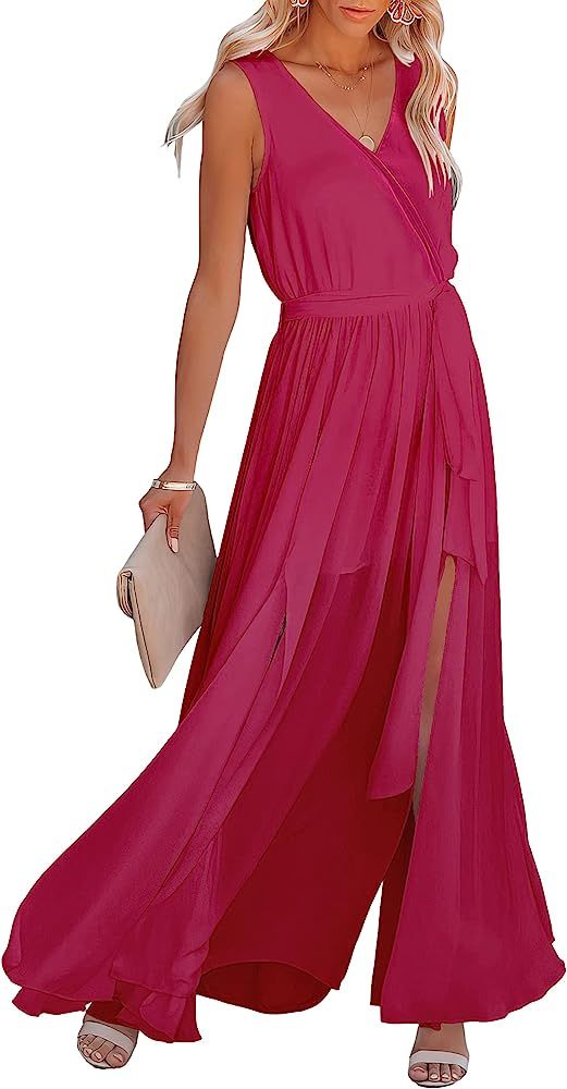 ANRABESS Women’s Summer Sleeveless Wrap V Neck Maxi Dress Chiffon Waist Belt Slit Long Dress Beach D | Amazon (US)