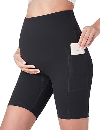 POSHDIVAH Maternity Biker Shorts Over the Belly with Pockets 5"/8" | No Front Seam,No Elastic Ban... | Amazon (US)