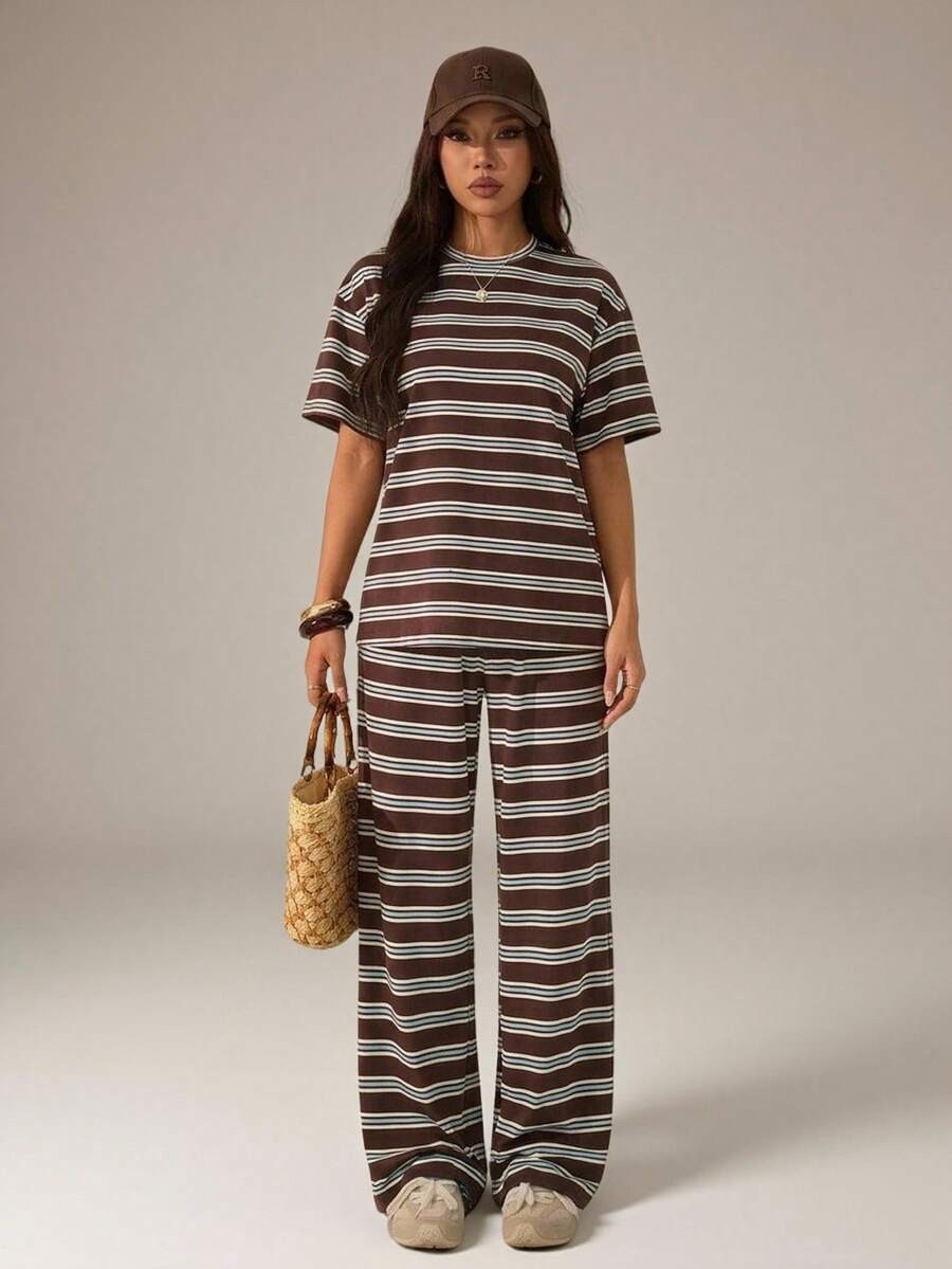 SHEIN PETITE 2PCS Women's Brown Striped Summer Casual Loungewear,Loose Round Neck Drop Shoulder S... | SHEIN