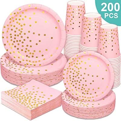 Pink and Gold Party Supplies - 200PCS Pink Paper Plates Disposable Dinnerware Set Gold Dot Dinner... | Amazon (US)