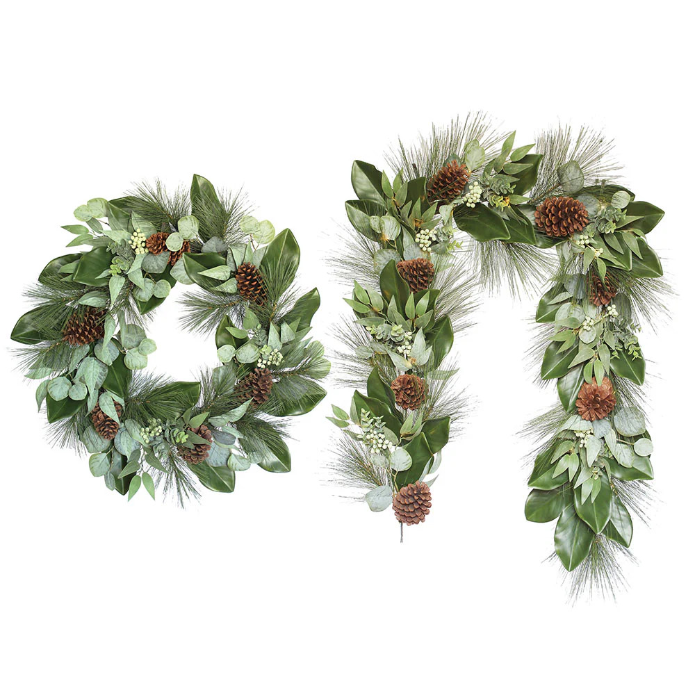 Magnolia, Eucalyptus, Pinecone, & Needle Pine Wreath and Garland | CG Hunter