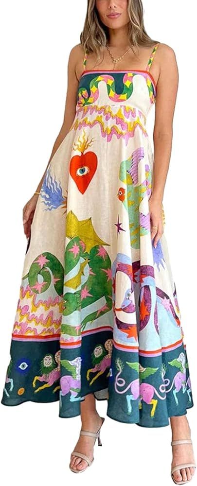 Women Cute Print Long Dress Spaghetti Strap Boho Sleeveless Dress Summer Flowy A-Line Beach Dress | Amazon (US)