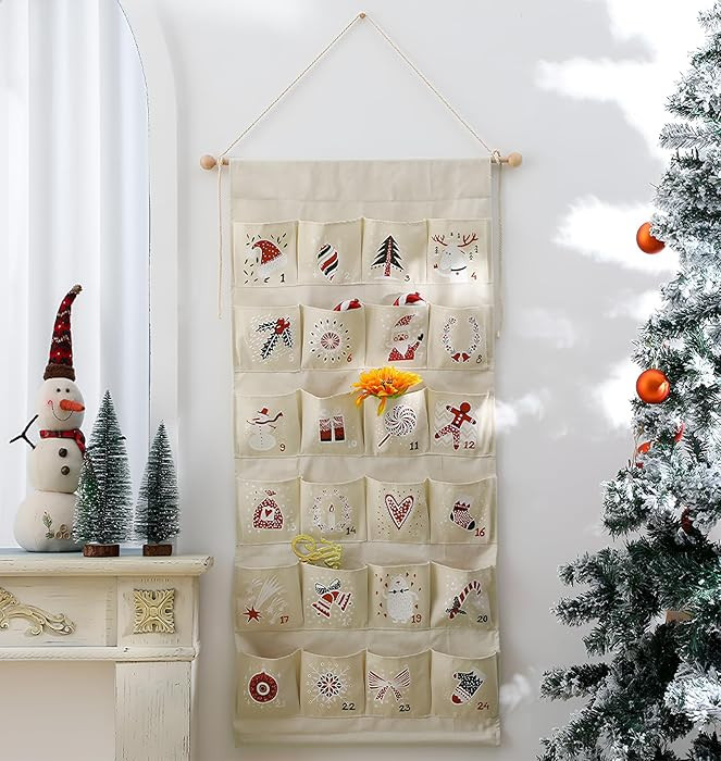 MONOBLANKS Fabric Christmas Advent Calendar with Pockets,Reusable Natural 24 Days Countdown Adven... | Amazon (US)