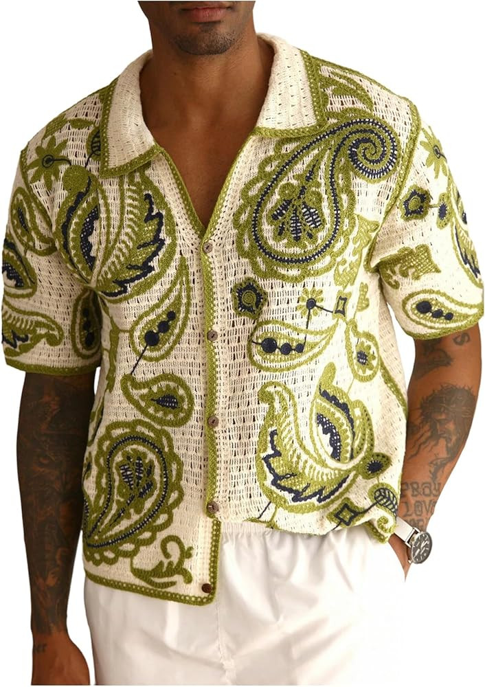 Men's Striped Crochet Shirts Hollow Out Button Down Shirt Short Sleeve Summer Knit Top Vintage Be... | Amazon (US)