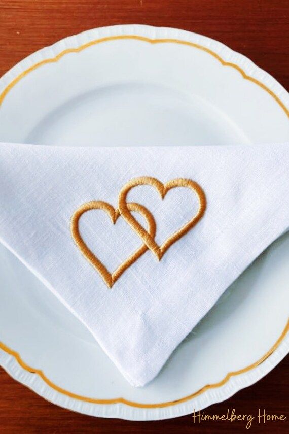 Gold Linen Valentines Napkins, Embroidered Gold Heart, Valentines Day Serviettes, Bridal Shower S... | Etsy (US)