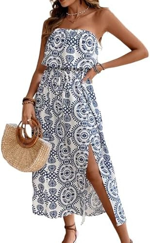 Women's Ruffle Floral Maxi Summer Casual Dress Off Shoulder Wedding Guest Slit Hem Beach Prom Dre... | Amazon (US)