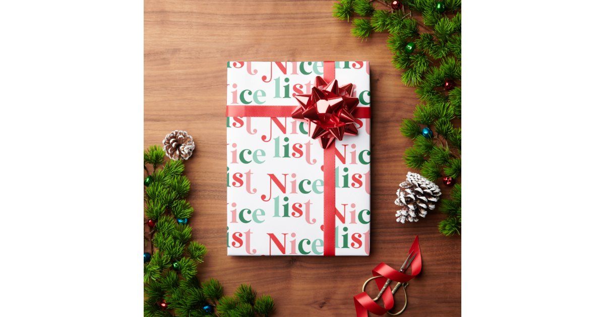 Christmas nice list colorful retro font wrapping paper | Zazzle