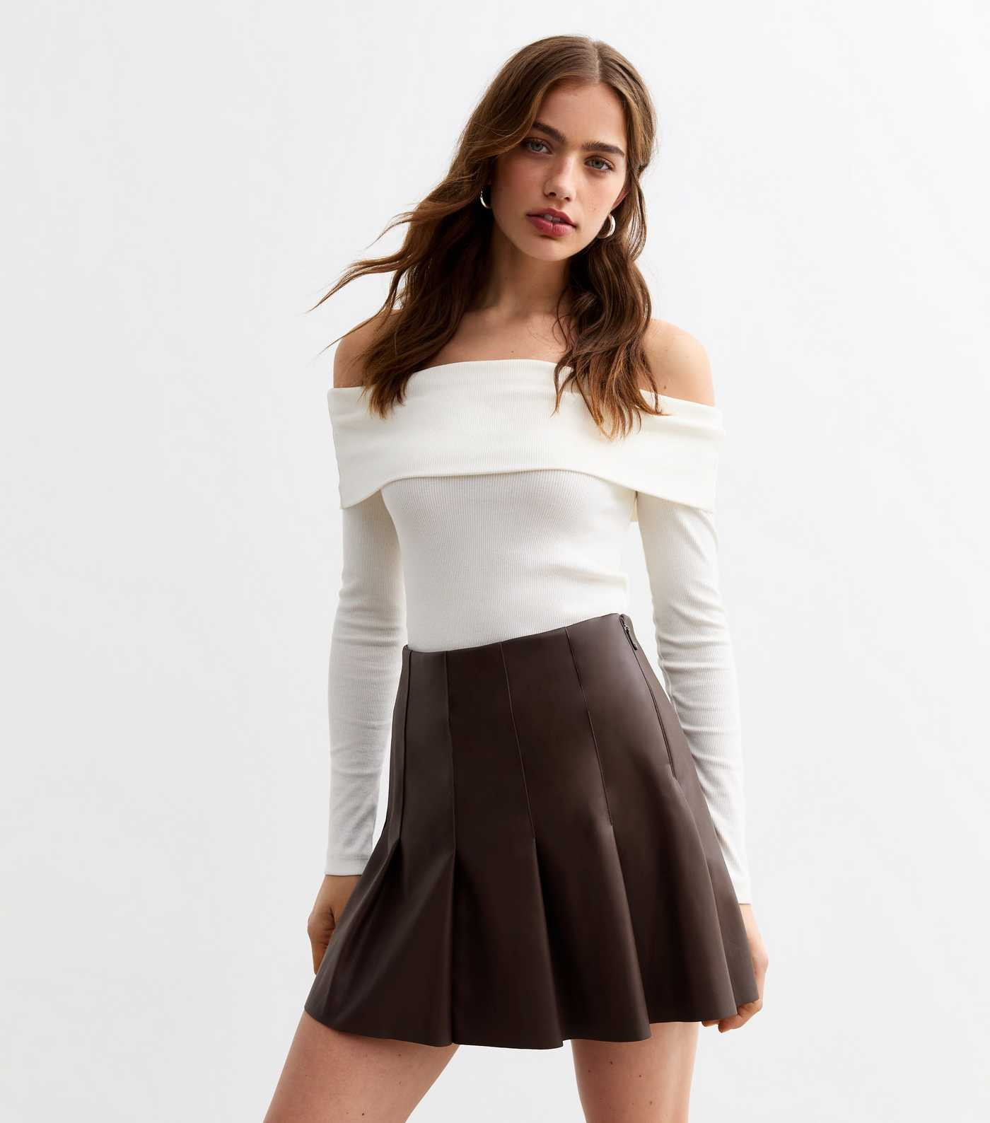 Brown Leather-Look Pleated Mini Skirt  | New Look | New Look (UK)