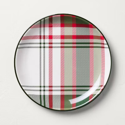 10.5" Christmas Plaid Melamine Dinner Plate Green/Red/Cream - Hearth & Hand™ with Magnolia | Target