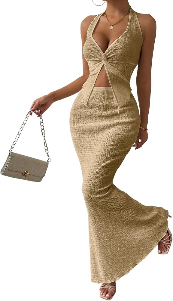 Two Piece Skirt Outfits for Women Twist Halter Crop Top and Maxi Skirt Sets 2 Piece Summer Vacati... | Amazon (US)