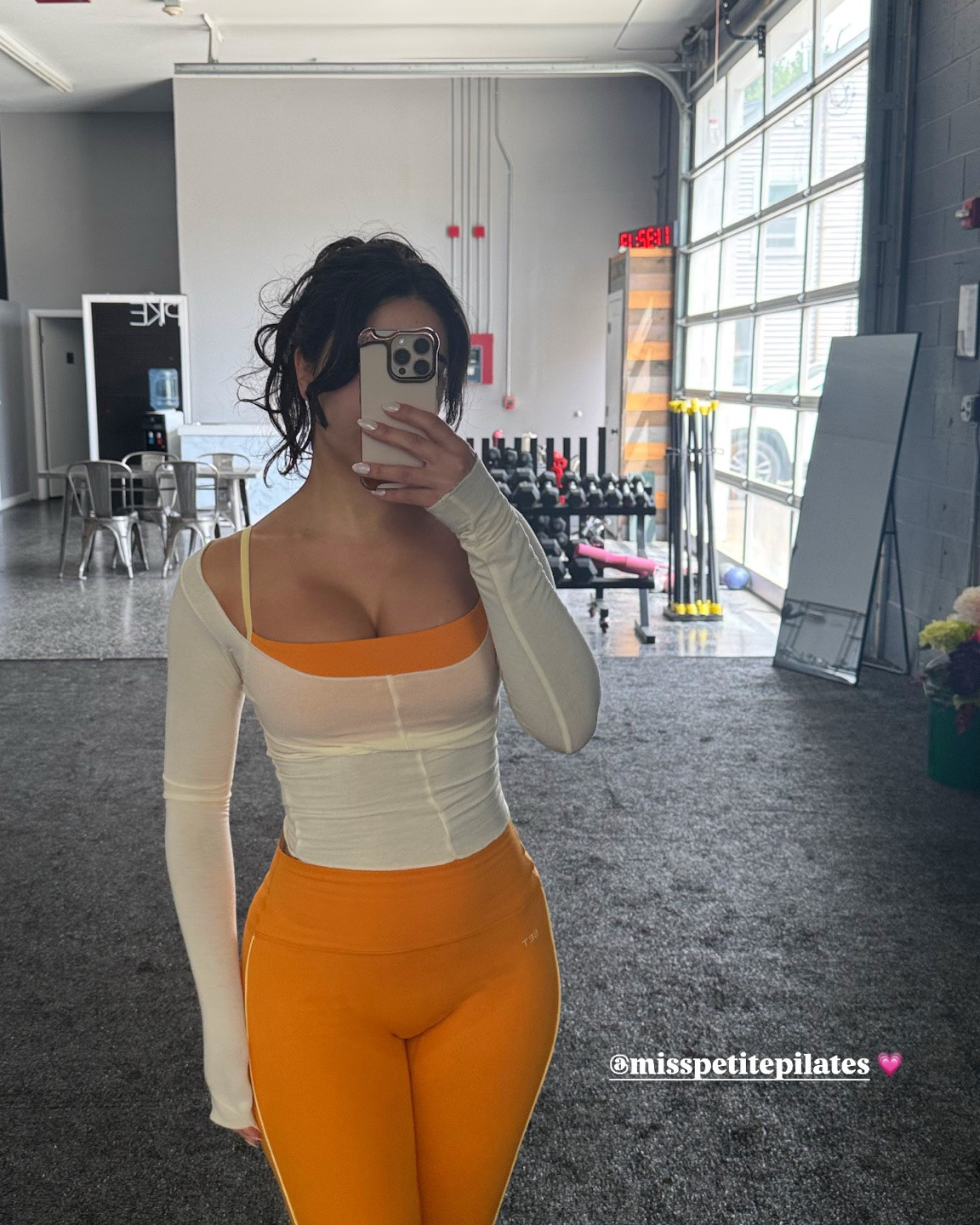 Wearing a small in the set active workout set. The sheer long sleeve top is from the brand exercere