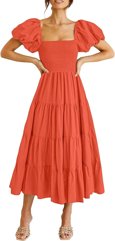 PRETTYGARDEN Womens Summer Puffy Short Sleeve Square Neck Smocked Tiered Ruffle Midi Dress | Amazon (US)