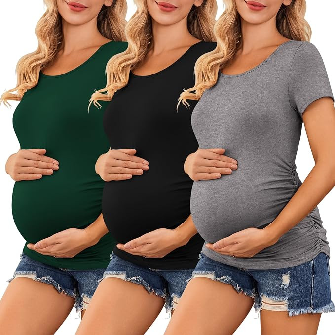 Ekouaer Womens Maternity Shirts 3 Packs Side Ruched Pregnancy Tee Top Tunic Blouse Casual Mama Cl... | Amazon (US)