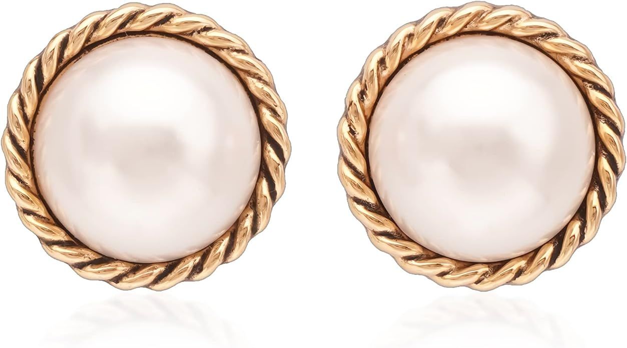 Mierfyni Pearl Stud Earrings, Gold Pearl Earrings Studs, Faux Pearl Earrings for Women Gold Plate... | Amazon (US)