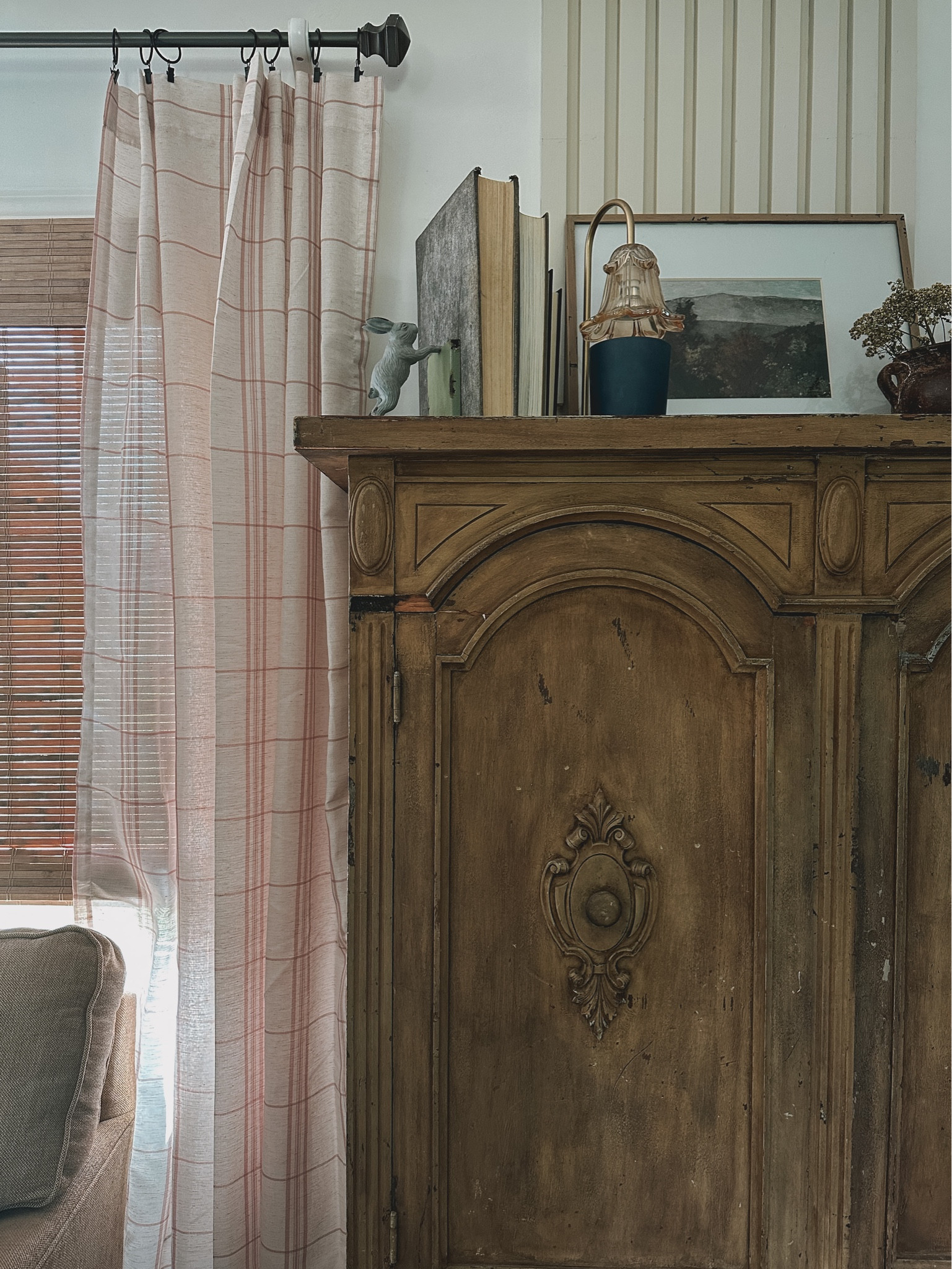 Antique cottage modern living room thrifts and new furniture | curtains | frames | decor | shades 